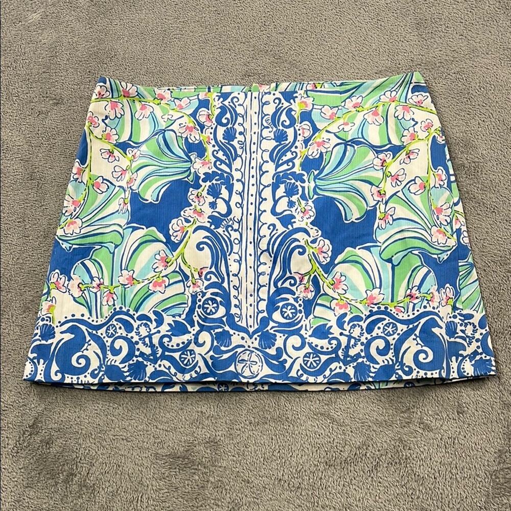 Lilly Pulitzer 4 Lined 100% Cotton Seashell Floral Blue and Green Mini Skirt